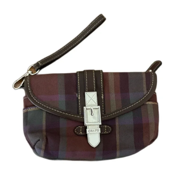 Chaps Y2K Plaid Wristlet Clutch‎ Bag Brown Purple Tartan Buckle Detail Small