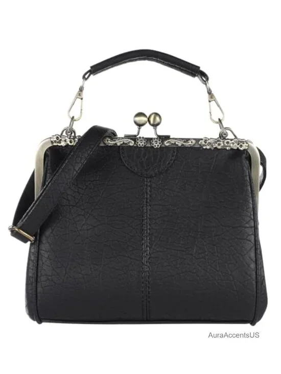 Vintage Kiss Lock Clutch Faux Leather Shoulder Bag Evening Purse