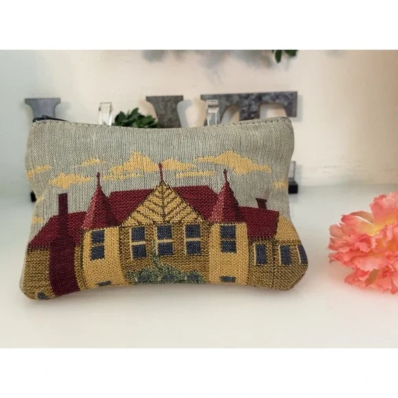 Vintage Tapestry Row Houses‎ Embroidered Style Zippered Bag Makeup Pouch 7