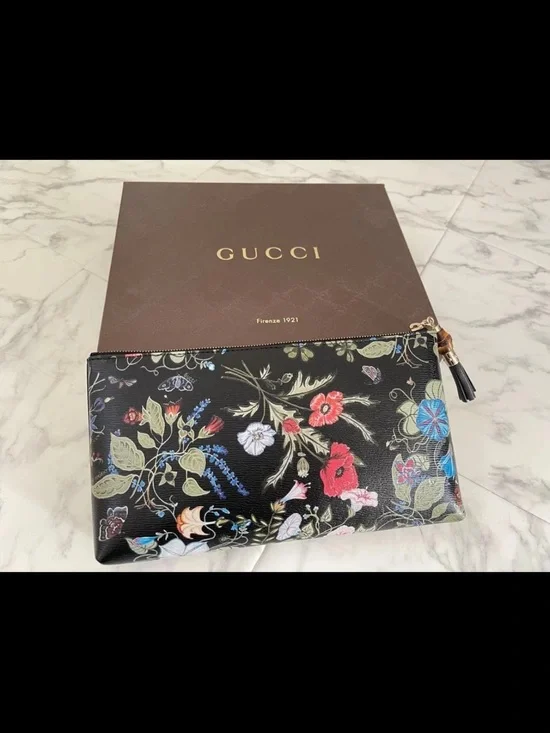 Gucci Black Floral Zip Clutch