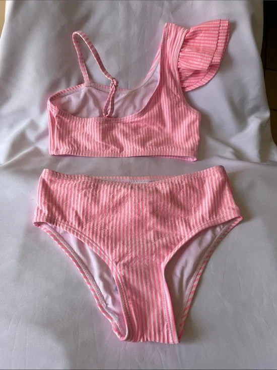 Pink Striped One-Shoulder Bikini Set
