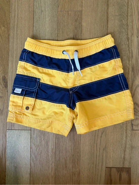 Hanna Andersson Boys Size 4 (100) Yellow Navy Striped Swim Trunks Shorts