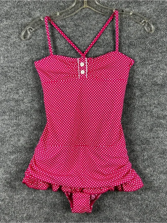 NWT Lands End Girls Hot Pink Polka Dot Ruffle One Piece Swimsuit Bathing Suit 14