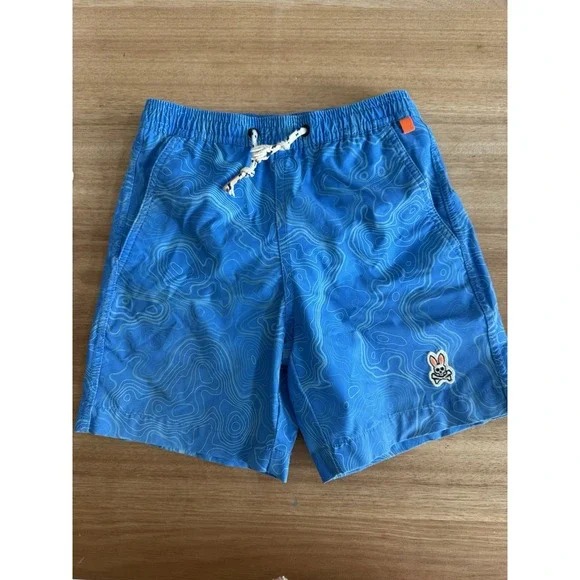 Psycho Bunny Boys Swim Trunks Size 5/6 Blue Topographic‎ Print Mesh Lined Shorts