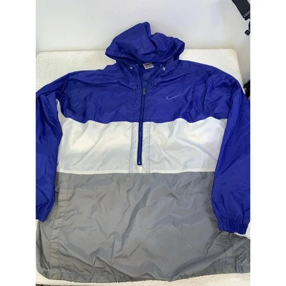 Vintage 90s Nike Windbreaker‎ Jacket XL Blue White Grey Colorblock Half Zip Hood