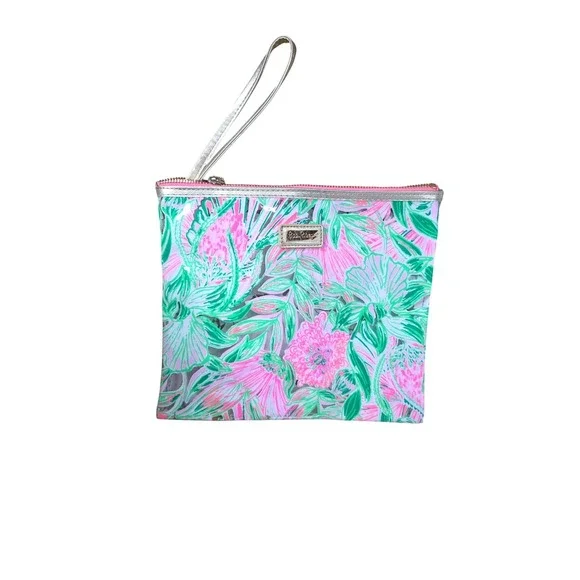 Lilly Pulitzer Pink‎ Green Floral Clear PVC Wristlet Pouch Beach Pool Bag 10x8