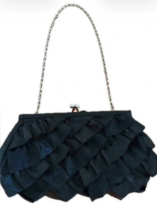 White House Black Market Black Satin Ruffle Clutch Evening Bag, Silver Chain