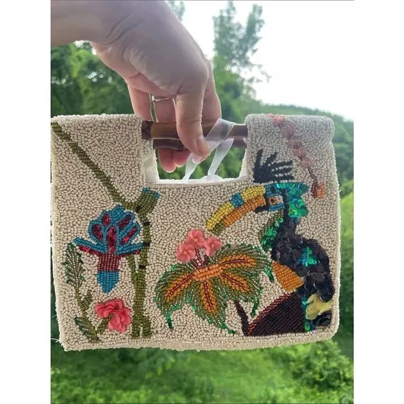 Beaded Toucan Embellished Handbag - Cream