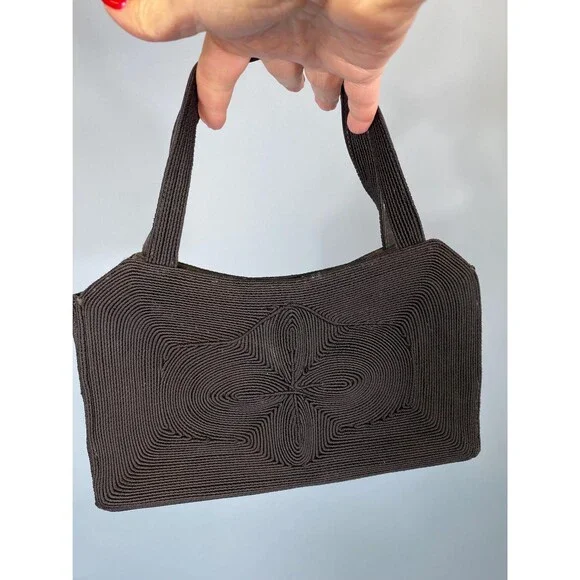 Vintage 1940s Black Corde Handbag, Compartment Purse