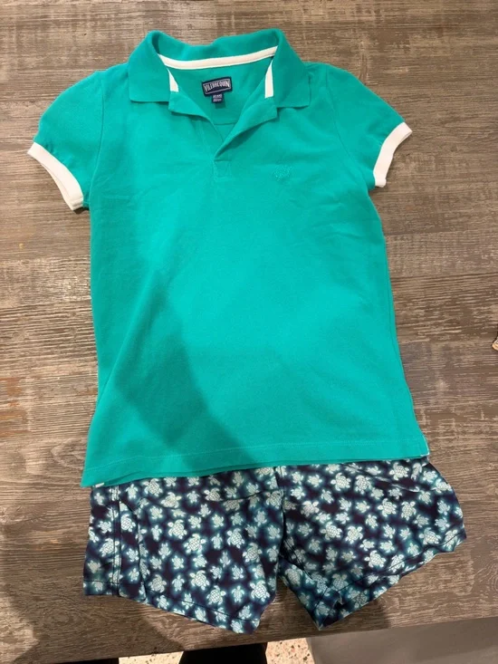Vilebrequin Teal Polo-Style Swim Top with Navy Turtle Swim Trunks
