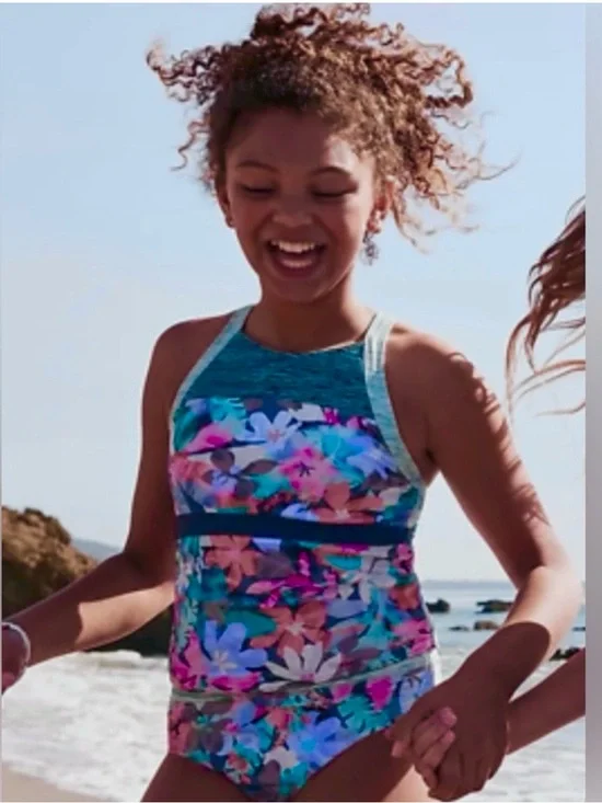 NWT Athleta Girl Surfs Up Floral High-Neck Tankini - Teal Multicolor