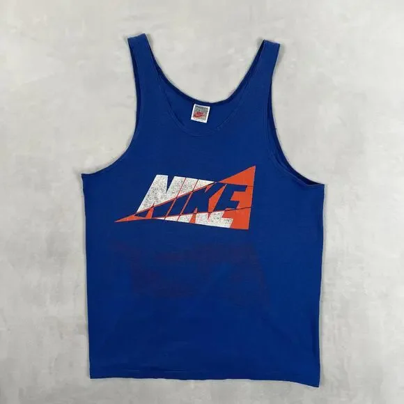 Vintage Nike Tank Top Mens XL Blue Big Graphic Logo Made USA Athletic 80s 90s