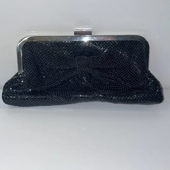 Jessica McClintock Bow Purse Black Metal Mesh Clutch Evening Bag W/ Strap‎ AL4