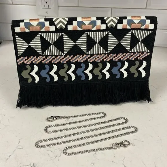 Stella & Dot TAJ Clutch Black/ Multi Embroidery with Fringe