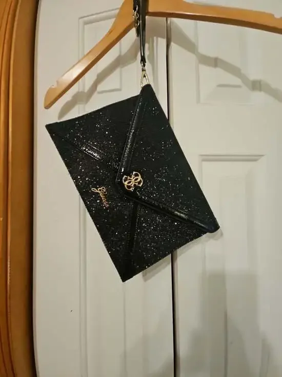 Guess Black Glitter Envelope Clutch Bag with Heart Charm