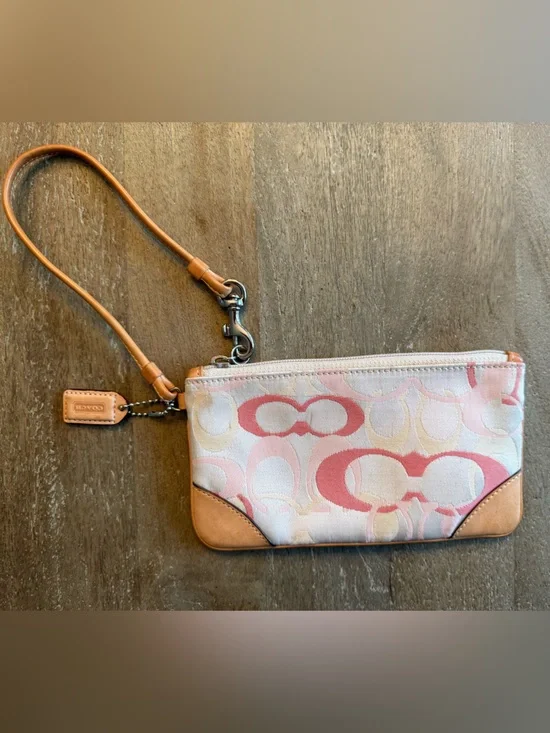 Coach Pink and Tan Signature Canvas Wristlet