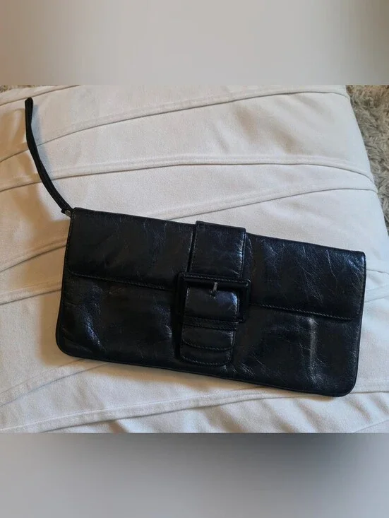 Vintage Hobo International Black Leather Clutch Wristlet Bag with Buckle