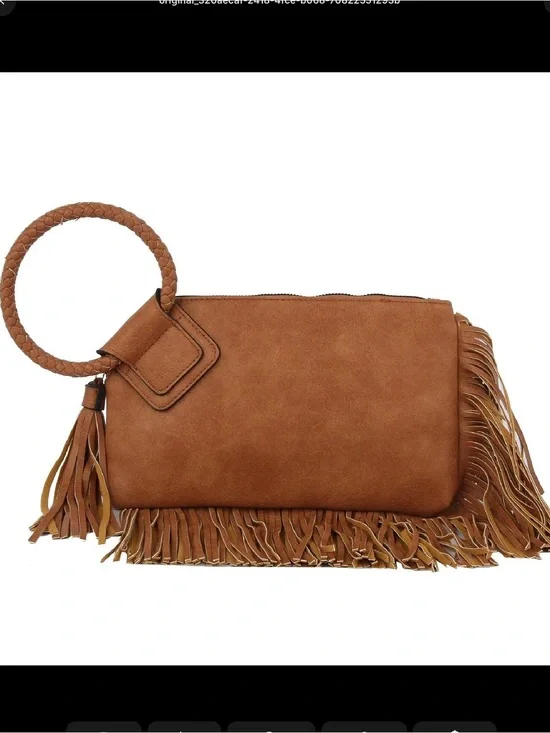 Calin Boho Fringe Braided Wristlet Clutch Bag in Cognac Brown