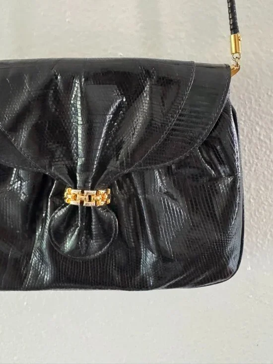 Vintage Black Evening Cross Body Bag or Clutch - Snake Print