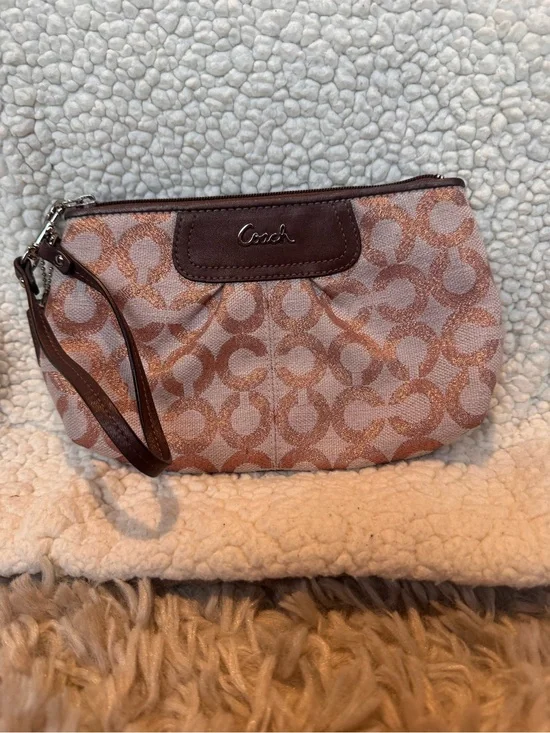 Coach Rose Pink Signature Wristlet with Brown Trim