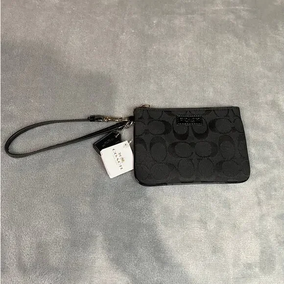 Coach Corner Zip Wristlet Black Signature Canvas Silver Wallet Small Classic NWT