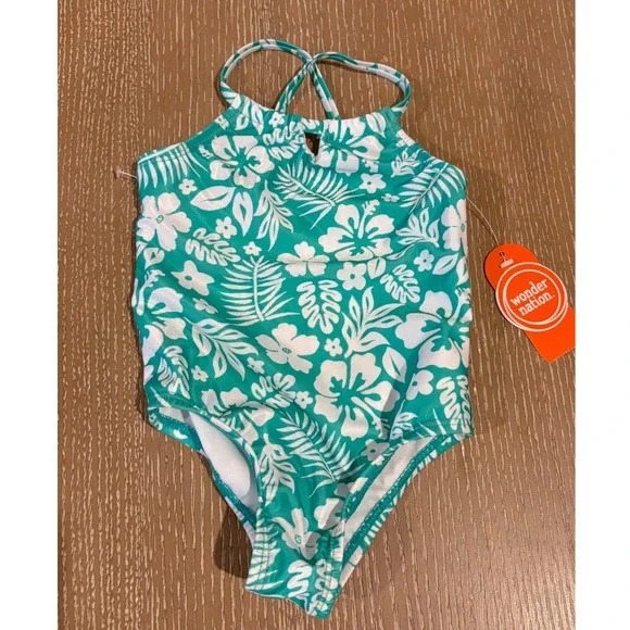 Wonder Nation Girls 2T One Piece Swimsuit Tropical Floral Green‎ White NWT