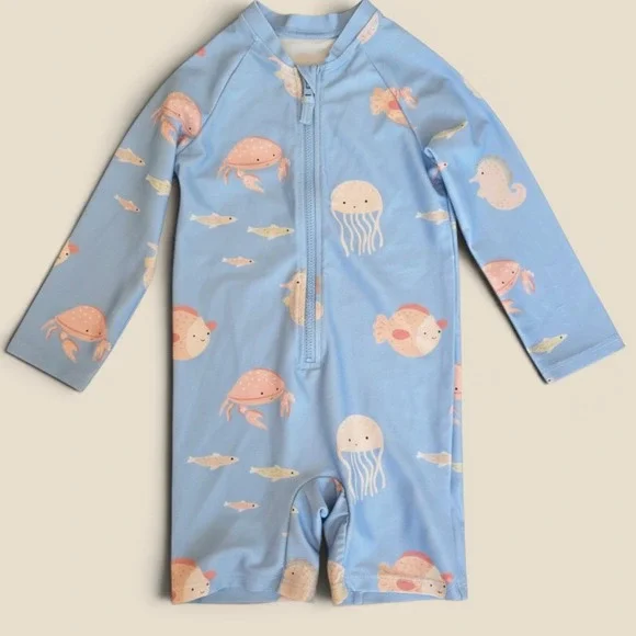 HM Kids Light‎ Blue Sea Creature Print Long Sleeve One Piece Swimsuit 18M 2T
