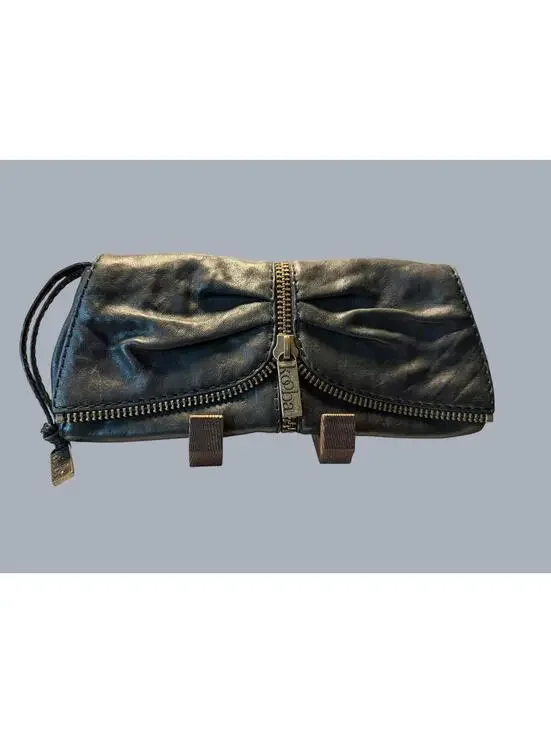 Kooba Black Lambskin Leather Ruched Zip Foldover Clutch NWT
