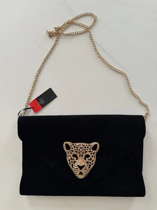 NWT! JNB Black Velvet Clutch w/Gold tone Leopard piece Medallion.