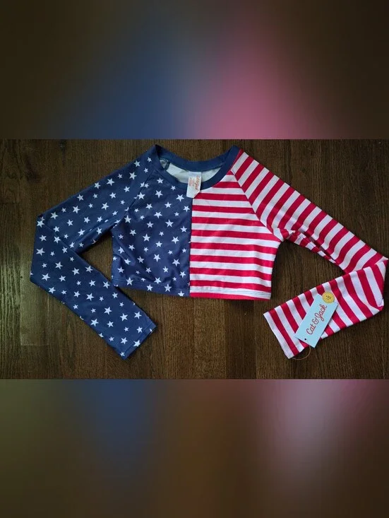 New Cat & Jack Girls Large 10/12 Flag Rash Guard Swim