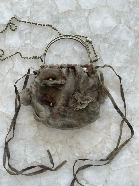 Handmade Vintage-Inspired Olive Floral Drawstring Handbag