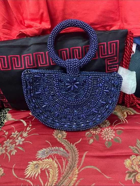 Handcrafted Beaded Half-Moon Tote Bag in Deep purple.