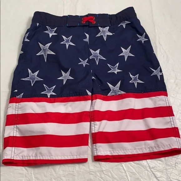 Cat and Jack American Flag red white blue swim trunks L = 12-14