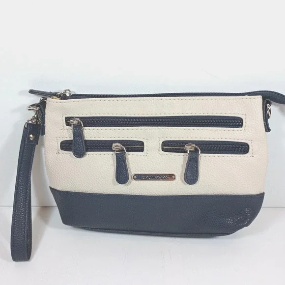 Stone & Co Wristlet Bag Cream Blue Colorblock Faux Leather Small Purse Clutch