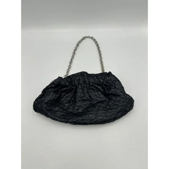 Vintage Black Ruched Textured Clutch Bag Silver Chain Handle Evening‎ Handbag