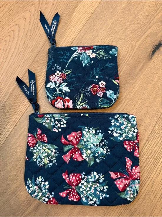 Vera Bradley Navy Floral Rose Toile Quilted Cosmetic Pouch Duo