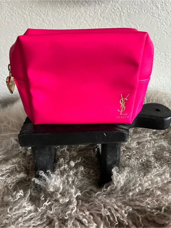 Yves Saint Laurent Hot Pink Cosmetic Pouch with Gold YSL Logo