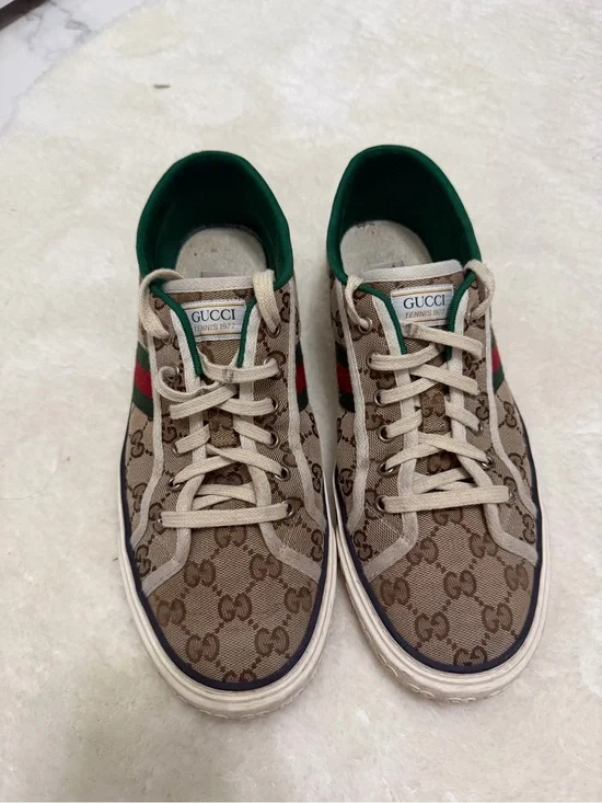 Gucci Beige Brown GG Canvas Sneakers with Green & Red Stripe