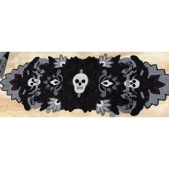 Beaded Skull Table Runner Décor Día De Muertos Day Dead Halloween 12x36