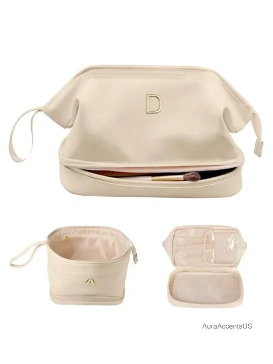 Double Layer PU Leather Makeup Bag Travel Toiletry Case with Handle
