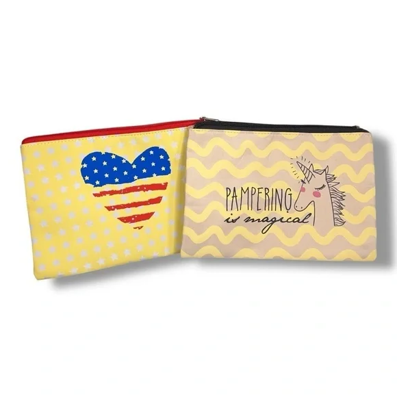 Set Of Two Makeup Bags Perfectly Posh Yellow Travel Cosmetic Storage Unicorn