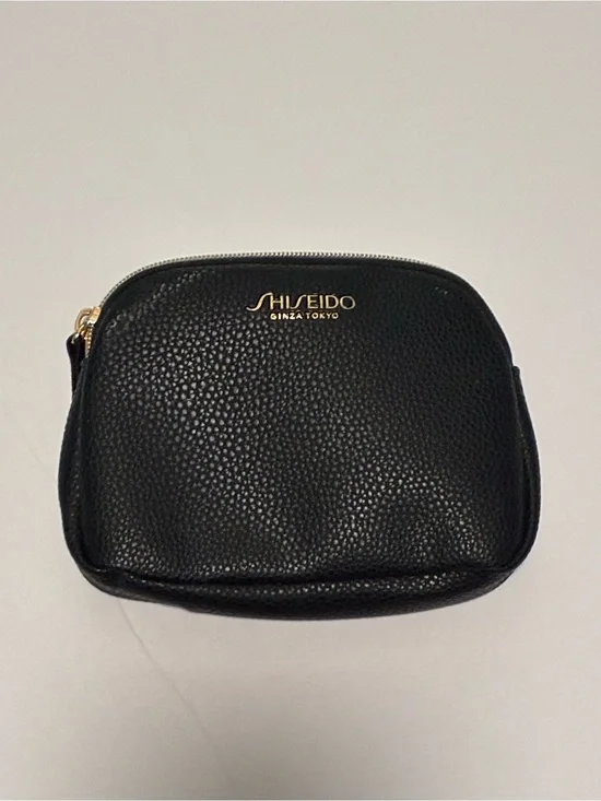 Shiseido Black Pebbled Leather Cosmetic Case with Gold Logo