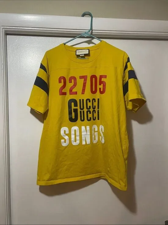 Gucci Yellow Graphic '22705 Songs' Tee with Blue Stripes large