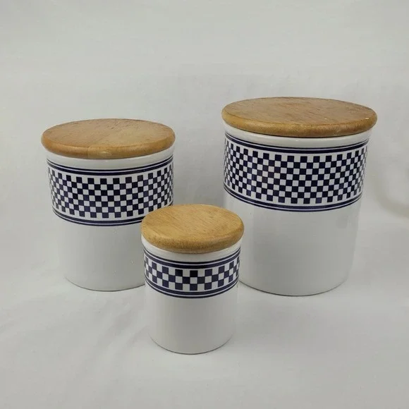 International Tableworks 3 Piece Ceramic Canister Set Blue White Check Wood Lids