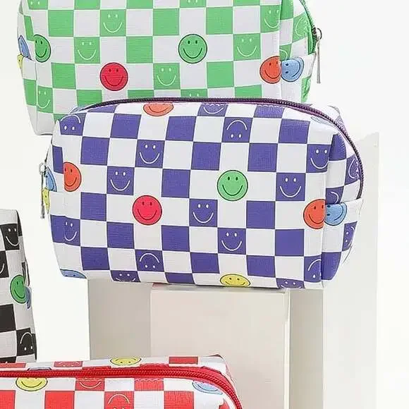 Purple and White Checkered Smiley Face Cosmetic Pouch Wristlet