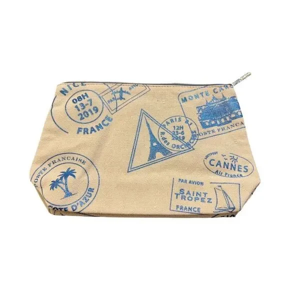 Lancôme Beige Canvas French Travel Pouch in Blue Stamps - Vintage Aesthetic