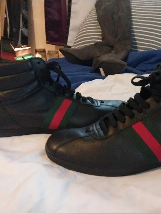 Gucci Black Leather High-Top Sneakers with Red & Green Web Stripe Size 12
