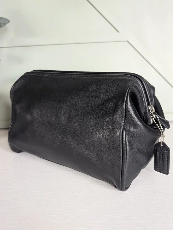 Coach Black Leather Cosmetic Dopp Kit with Logo Tag