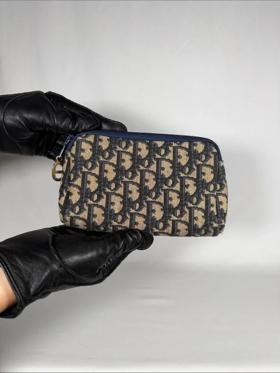Authentic Christian Dior Vintage Oblique Trotter Navy Beige Cosmetic Pouch
