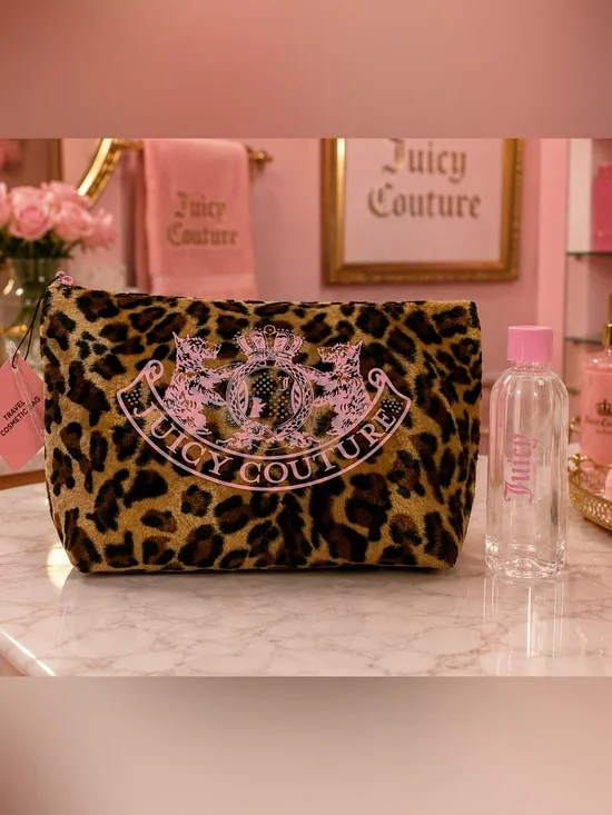 Juicy Couture Leopard Print Travel Cosmetic Bag w/ Bonus Toiletry Bottle